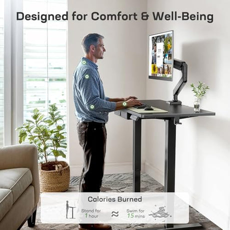 Marsail 48x24 Electric Standing Desk with Drawer, Computer Desk, Sit Stand Office Table with Storage & Hooks & Cable Management, Ergonomic Height Adjustable Table for Home Office, Black Marsail
