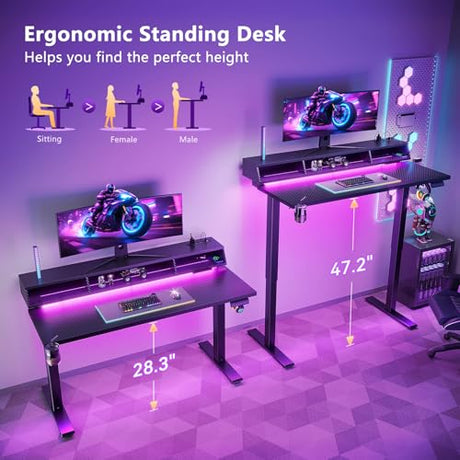 OffiGo Gaming Standing Desk with LED Light, 48 Inch Electric Height Adjustable Table with Power Outlet & Floating Monitor Stand, Sit Stand Computer Workstation for Home, Bedroom, Black OffiGo
