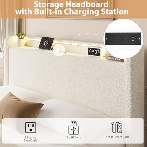 Full LED Bed Frame with 4 Storage Drawers and Storage Headboard, Soft Boucle Upholstered Platform Bed Frame with Charging Station and USB Ports, Solid Wood Slats Support, No Box Spring Needed, Cream Garvee