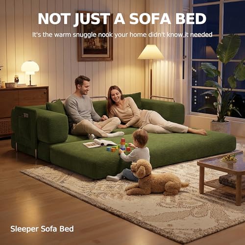 MoonSpeak 78.8''Sleeper Couch Bed for Livingroom,Convertible Modular Sofa with Armrest Pillow,Modular Foldable Corduroy Couches in a Box,No Assembly (Green) MoonSpeak