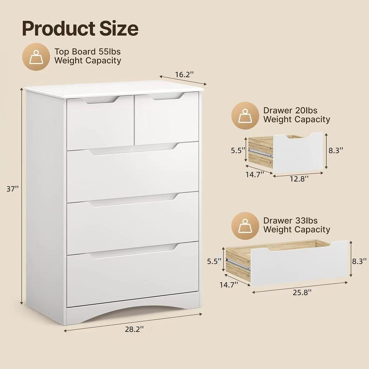 Bealife 5 Drawer Dresser，Dresser for Bedroom with Anti-Tripping Device and Embedded Handles for Home, Dressers & Chests of Drawers with Large Storage Capacity (White) Bealife