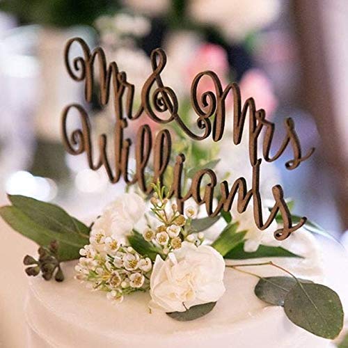 Mr and Mrs Wedding Cake Topper, Custom Rustic Decoration, Personalized Calligraphy Wooden Cupcake with Your Last Name, Customized Topper, Bride & FranJohnsonHouse