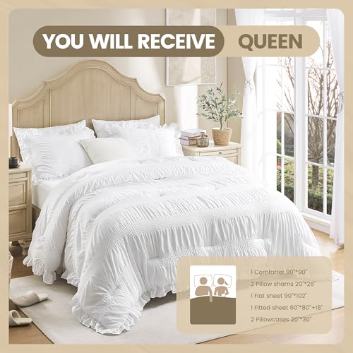 Queen Comforter Set Seersucker 7 Pieces Luxury Ruffle Bed in a Bag Queen Size for All Season White Bedding Set with Comforter, Pillowcases, Flat Sheet, Fitted Sheet and Pillow Shams QUIETSEA