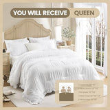 Queen Comforter Set Seersucker 7 Pieces Luxury Ruffle Bed in a Bag Queen Size for All Season White Bedding Set with Comforter, Pillowcases, Flat Sheet, Fitted Sheet and Pillow Shams QUIETSEA