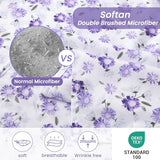Softan Puple Floral Queen Sheet Set, 4-Piece Microfiber Printed Fitted Sheet with 15" Deep Pockets & Non-Slip Straps, White Flower Patterned Bedding Sheets & Pillowcase Set Softan