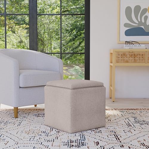 HomePop Home Decor Storage Ottoman with Tray Top|Upholstered Modern Square Storage Ottoman with Storage for Living Room & Bedroom, Light Brown Woven HomePop