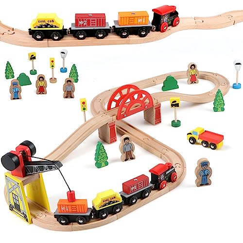 Qilay Wooden Train Set for Toddler - 39 Pcs Wooden Train Tracks with Crane, Bridge & 5 Wooden Trains - Train Toys for 3,4,5 Year Old Boys & Girls - Qilay