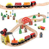 Qilay Wooden Train Set for Toddler - 39 Pcs Wooden Train Tracks with Crane, Bridge & 5 Wooden Trains - Train Toys for 3,4,5 Year Old Boys & Girls - Qilay