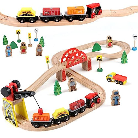 Qilay Wooden Train Set for Toddler - 39 Pcs Wooden Train Tracks with Crane, Bridge & 5 Wooden Trains - Train Toys for 3,4,5 Year Old Boys & Girls - Qilay
