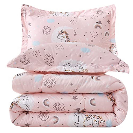 JSD Pink Unicorn Kids Comforter Set Twin Size, 2 Piece Girls Rainbow Microfiber Comforter with Pillow Sham, Lightweight All Season Washable JSD