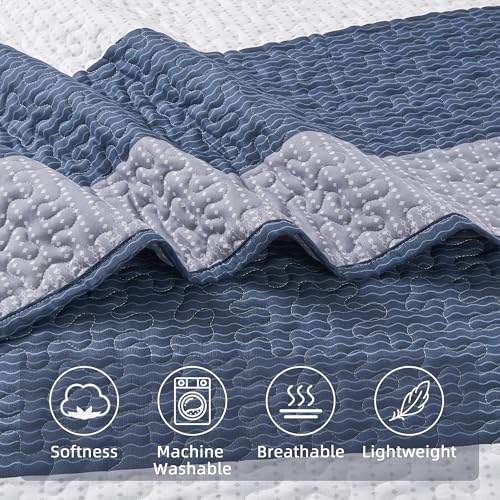 Andency Queen Quilt Bedding Set Mineral Blue, 3 Pieces Patchwork Summer Striped Ultra Soft Lightweight Bedspreads, Coverlets Set with 2 Pillow Shams for All Seasons (90"x96") Andency