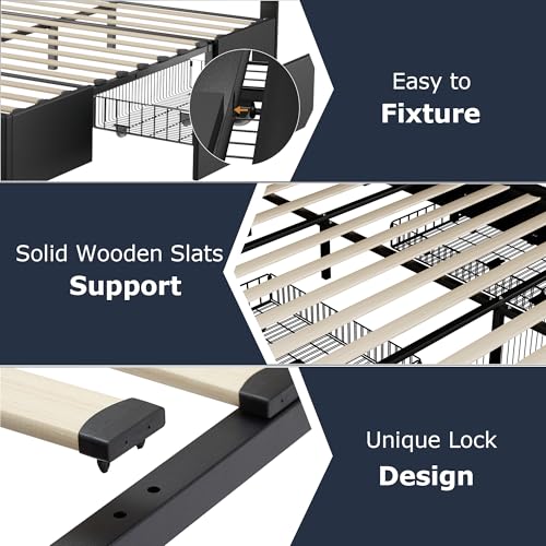 VECELO Full Size Bed Frame with 3 Storage Drawers, Leather Upholstered with Diamond Tufted Headboard, Solid Wood Slat Support & Steel Framework, PU & Black VECELO