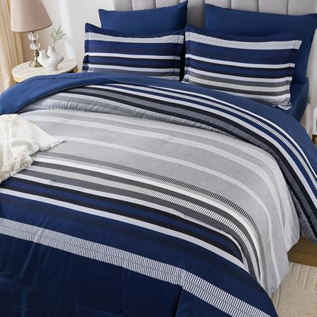 Dobuyly Navy Blue Queen Comforter Set 7 Pieces, Boho Striped Bed in a Bag Queen Size Soft Microfiber All Season Bedding Set with Comforter, Sheets, Pillowcases & Shams Dobuyly