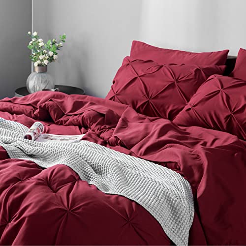 Bedsure California King Comforter Set Dark Red - Bed in a Bag Cal King Bedding Set 7 PCS, GentleSoft™ Pintuck Bed Set Gift for Family, Pinch Pleat Dark Red Comforter with Sheets, Pillowcases & Shams Bedsure