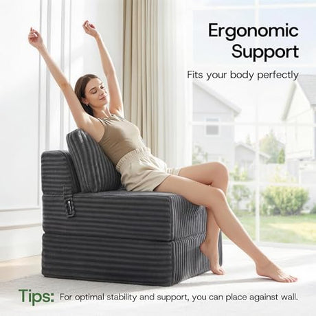 MEGAYES 4-in-1 Folding Sofa Bed Convertible Chair Couch Foldable Chaise Lounger & Mattress Pocket Coils+Foam Fill, Portable No Assembly Boneless Sofa Floor Futon for Living Room/Bedroom, Gray Single MEGAYES
