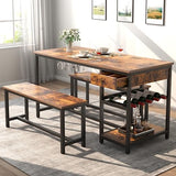 Dining Table Set for 4-6 People, 54.7" Kitchen Dinner Table with 2 Bench, Dining Room Tables Set with Storage Drawer & Shelf, 3-Piece Breakfast Nook Tables with Wine Rack &Glass Holder (Rustic) Gyfimoie
