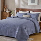 DOWN HOME Queen Quilt Bedding Set with Shams, Vintage Washed Soft Quilted Blanket Thin Comforter Lightweight Bedspread Coverlet Bed Cover, Brushed Microfiber Stripe Stitching, Vintage Denim, 86"x90" DOWN HOME