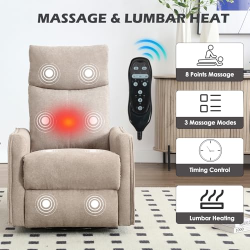 Trustyue Swivel Rocker Recliner Chair, 360° Swivel Recliner with Heat and Massage, Rocker Recliner Nursery Glider Chair with Side Pockets for Living Room (Khaki, Fabric)