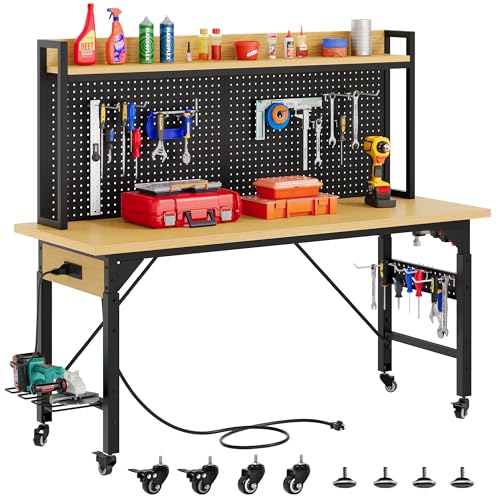 DWVO 60" Adjustable Workbench with Pegboard, Heavy Duty Wood Top Work Bench with Wheels, 1600 LBS Load Capacity, Rolling Work Table with AC/USB Outlet, Hooks, Rack for Garage, Workshop, Offic - WoodArtSupply