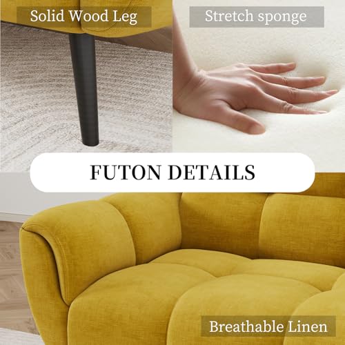 HIPIHOM Convertible Futon Sofa Bed, 76.77" Modern Linen Futon Couch, Comfy Sleeper Sofa with Adjustable Backrests, Couch Bed for Small Spaces, Living Room, Bedroom, Apartment, Yellow HIPIHOM