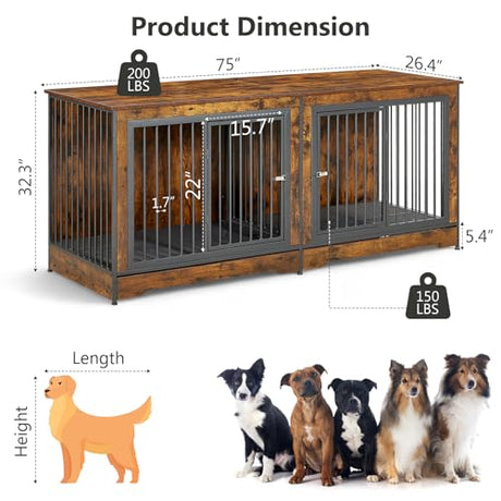 Rovibek Double Dog Crate, TV Stand, 75 Inch Dog Crate Furniture for 2 Dogs, Dog Kennel Indoor with Double Doors, Dog Cage with Removable Divider for Large Medium Dogs, Brown Rovibek