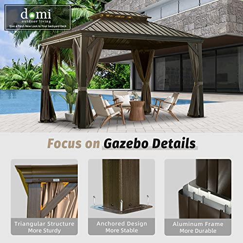 Domi Hardtop Gazebo 10x12FT, Outdoor Gazebo with Galvanized Steel Double Roof, Aluminum Frame, Built-in Gutter System, Curtain and Netting, Metal Gazebo Pavilion for Patio Deck Garden, Brown domi outdoor living