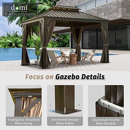 Domi Hardtop Gazebo 10x12FT, Outdoor Gazebo with Galvanized Steel Double Roof, Aluminum Frame, Built-in Gutter System, Curtain and Netting, Metal Gazebo Pavilion for Patio Deck Garden, Brown - WoodArtSupply