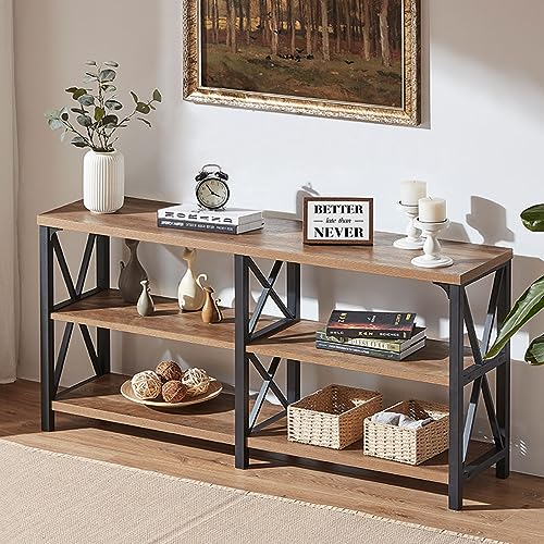 Rustic Oak 3-Tier Console Table with Storage Shelves – Versatile Entryway or Sofa Table by IBF - WoodArtSupply