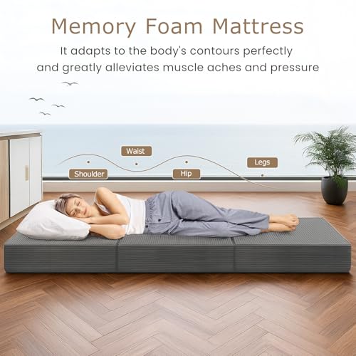 feliz home 6-Inch Tri-Fold Mattress Twin Size - Foldable Futon Sofa Bed with Removable Washable Cover, Folding Memory Foam Futon Mattress | Non-Slip Bottom & Carry Handles for Guest, Camping, Dorm feliz home