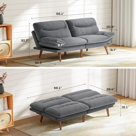 Marsail 66" Futon Sofa Bed, Convertible Corduroy Futon Couch with Adjustable Backrest & Armrests, Small Sleeper Sofa Loveseat for Living Room, Apartment, Office, Grey Marsail