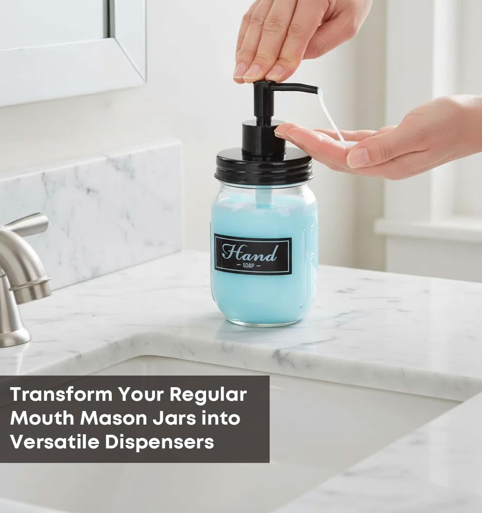 Onsogi Regular Mouth Plastic Mason Jar Soap Dispenser Pumps and Lids- Rust-Proof Mason Jar Accessories Rustic Farmhouse Kitchen Counter Top Bathroom Decor and Organization - 4 Pack onsogi
