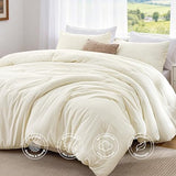Love's cabin Queen Comforter Set Beige, 3-Piece 90% Polyester 10% Linen Blend Bedding Set, Linen-Look Textured Stripe, Down Alternative All-Season Comforter with Pillow Shams Love's cabin