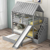 Ball & Cast Bunk Bed Twin Over Twin,House Bunk Bed with Trundle and Slide,Storage Staircase, Roof and Window Design, Full Length Guardrail,Suitable for Boys Girls Bedroom,Gray Ball & Cast