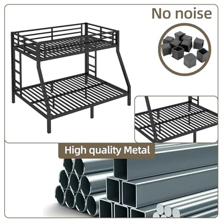 HKOLIE Twin Over Full Bunk Bed, Metal Bunk Bed Frame Heavy Duty Bunk Beds Loft Bed Frame with Ladder and Guardrail Metal Slats No Box Spring Required for Adults Teens, Black HKOLIE