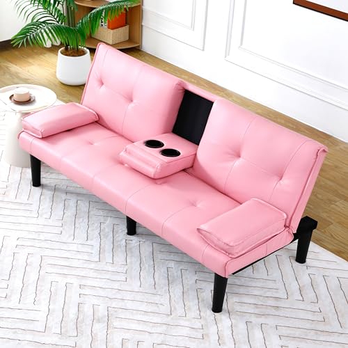 67-inch Multi-Functional Sofa Bed, Foldable Futon Couch with Adjustable Backrest & Cup Holders, Convertible Sleeper for Small Spaces, Living Room, Apartment, Office - Modern PVC Leather Couches(Pink) ALYIAMXL