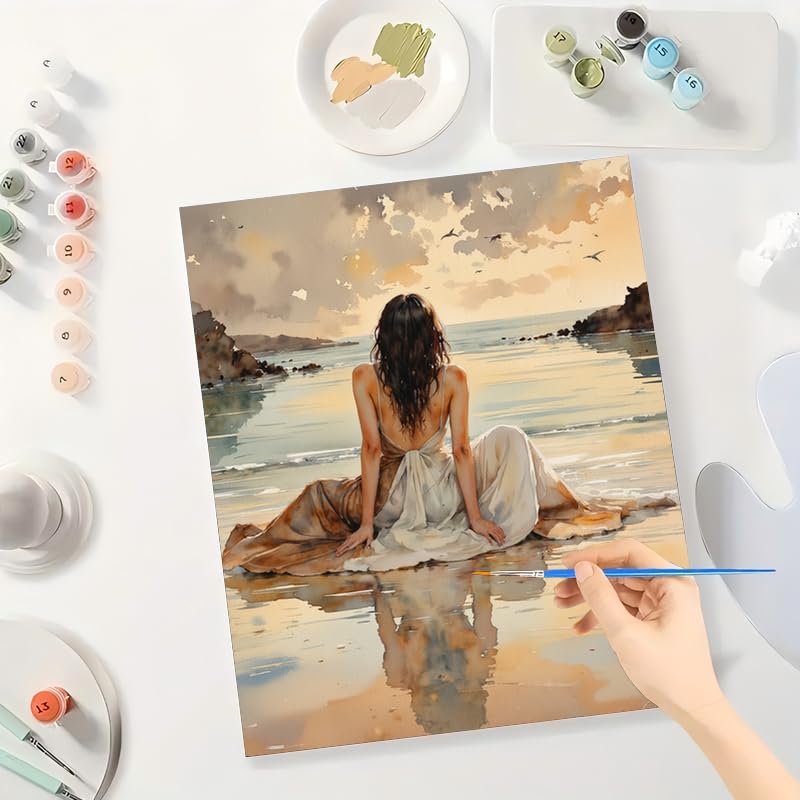 Beach Sunset Lady Paint by Numbers Kit for Adults - DIY Woman with Flowing Dress Painting on Canvas 16x20in, Frameless Acrylic Paint Set, Relaxing Artwork for Wall Decor or Present Share Young
