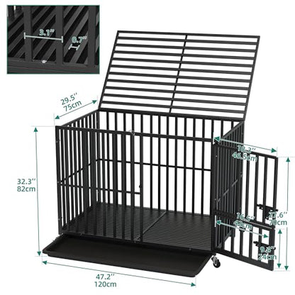 YITAHOME Heavy Duty Indestructible Dog Crate, 47/43/37 inch Escape Proof Dog Cage Kennel with Lockable Wheels, High Anxiety Dog Crate, Extra Large Crate Indoor for XL Large Dog with Removable Tray