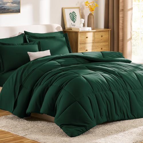 CozyLux Queen Comforter Set Emerald Green - 7 Pieces Bed in a Bag Queen, All Season Soft Bedding Sets, Oeko-Tex Certified Bed Set with Down Alternative Comforter, Sheets, Pillowcases & Pillow Shams CozyLux
