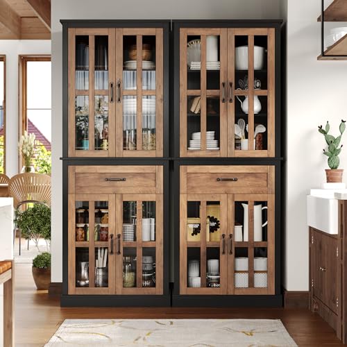FOTOSOK 71'' Kitchen Pantry Cabinet, Tall Kitchen Cabinet Pantry Cabinet with Glass Doors and Drawer, Freestanding Food Pantry Kitchen Hunch with Adjustable Shelves for Dining Living Room, Natural FOTOSOK