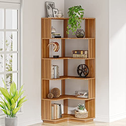 Tribesigns 6 Tier Industrial Corner Bookshelf with Anti-Fall Design - 64.9 Inch Freestanding Wood Grain Rack for Home Office Storage - WoodArtSupply