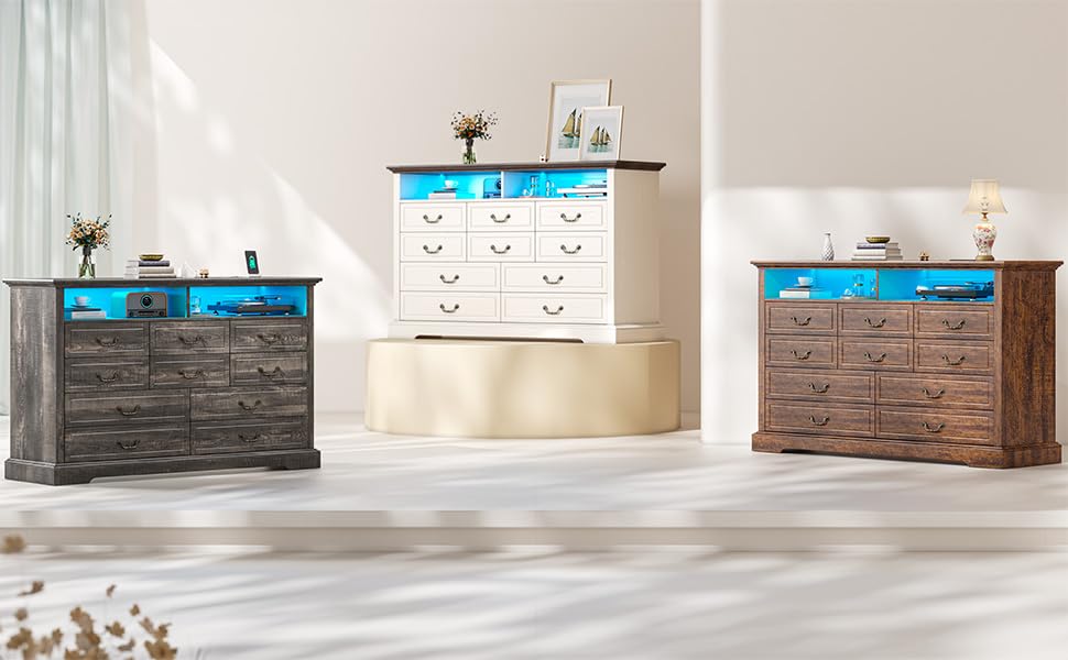 Romorgniz 10 Drawer Brown Dresser for Bedroom, Large Farmhouse Dresser with LED Lights & Charging Station for Bedroom Romorgniz