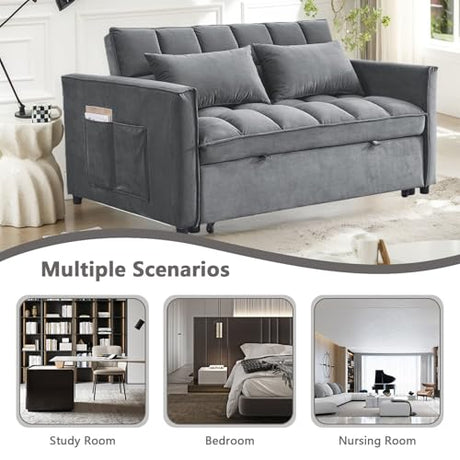 54" Convertible Sofa Bed, Velvet Sleeper Sofa with Pull-Out Bed, 3-in-1 Futon Couch with Reclining Backrest and Side Pocket, Modern Loveseat for Living Room (Medium Grey) Qinazoe