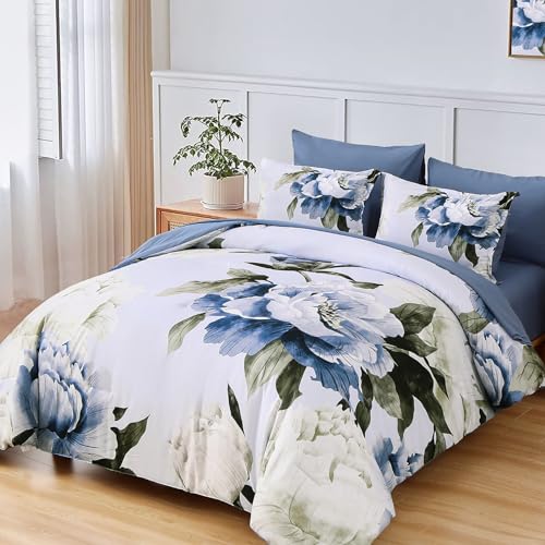 Dobuyly Blue King Size Comforter Set 7 Piece Bed in a Bag King, Blue Floral Printed on Light Blue Comforter Set with Sheets, Soft Microfiber Botanical Complete Bedding Set for All Season Dobuyly