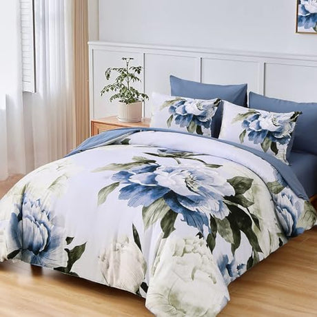 Dobuyly Blue King Size Comforter Set 7 Piece Bed in a Bag King, Blue Floral Printed on Light Blue Comforter Set with Sheets, Soft Microfiber Botanical Complete Bedding Set for All Season Dobuyly