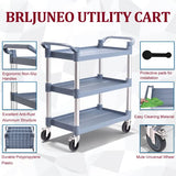 BRLJUNEO Plastic Utility Carts with Wheels, 3-Tier Medium Size Restaurant Food Cart, Heavy Duty 510lbs Capacity Rolling Service Cart w/Hammer for Commercial, Kitchen, Office (Lockable Wheels, M-Grey)
