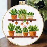 Zhenqing Wooden Plant Shelf Cross Stitch Kit for Beginners, 11CT Printed 24x24cm with Hoop, 6 Potted Succulent Embroidery Set (70978)