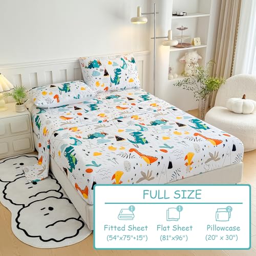 MWMWMW Dinosaur Full Bed Sheets Kids Boys, 4 Pieces Boys Sheets Sets Full, Dinosaur Printed Microfiber Deep Pocket Bed Sheet with 2 Pillowcases MWMWMW