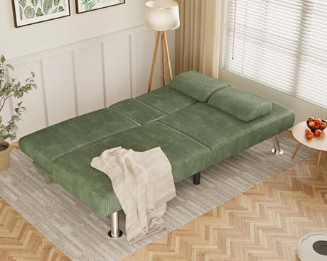 Flamaker Futon Sofa Bed Corduroy Folding Couch Adjustable Sleeper Sofa Bed for Small Apartment Upholstered Living Room Furniture Set with 2 Cup Holders Removable Armrests (Corduroy, Green) Flamaker