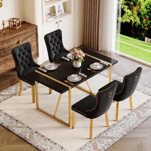 Black Dining Table Set for 4, 55" Black Glossy Top with Gold Metal Legs, Modern Dining Table Set for 4 & Velvet Tufted Chair with Nailhead Trim, Luxry Kitchen Table Set Ideal for Dining Room,APT Iopirbu