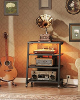 CHOEZON 4-Tier AV Media Stand with Wheels, Stereo Stands, Media Console Shelf with Power Strips, LED Lights, Wooden Audio Cabinet Rack Tower for Record Player/Apple TV/ps4, Black TCJ60UDBB CHOEZON